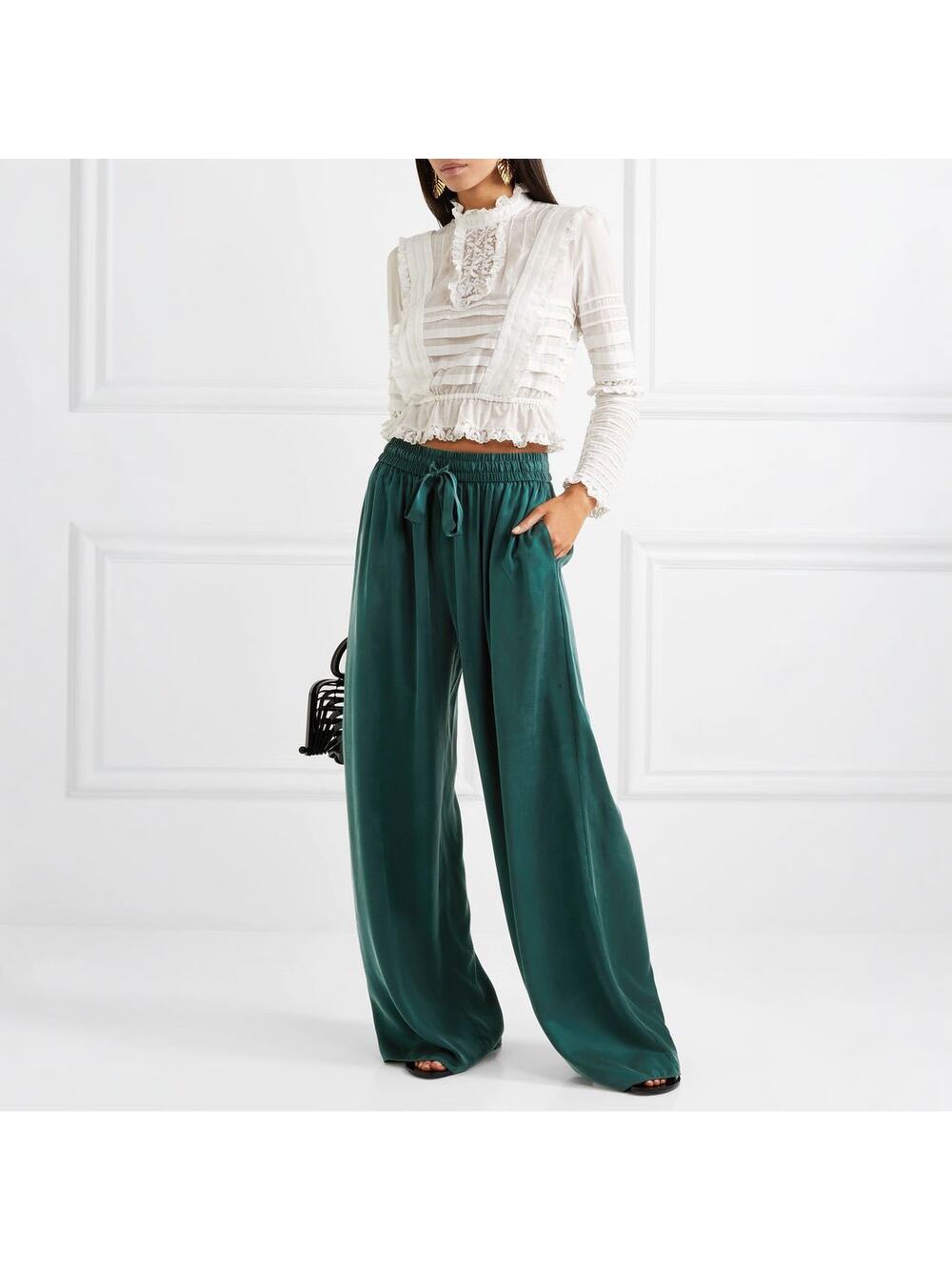 Zimmermann 100% Silk Wide Leg Pants Forest Green Size 3 US 10 L Drawstring